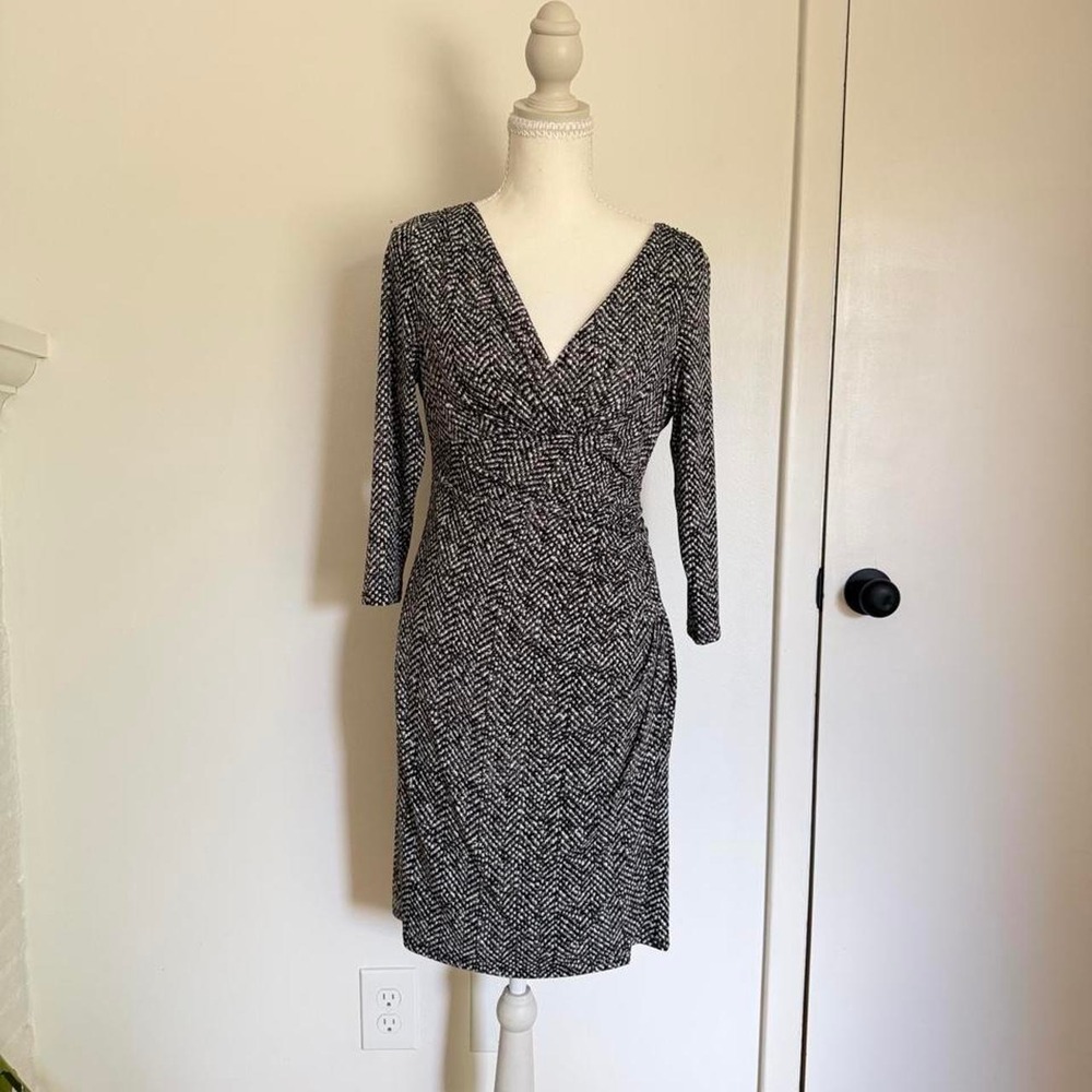 Ralph Lauren black & white office siren herringbone wrap dress with 3/4 sleeves